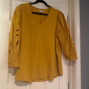 Beautiful cotton chicos size 3 mustard colored blouse with embroidered sleeves